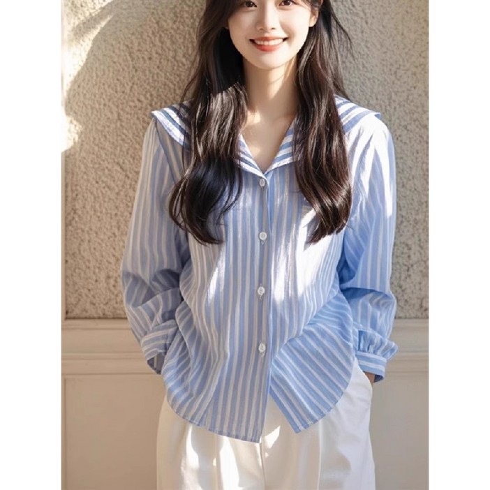 해피유통 여성 스트라이프 캐주얼 긴팔 셔츠 탑jh lmy