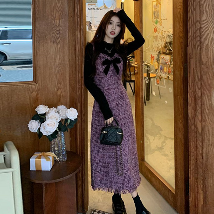 besteffie 여성 가을 겨울 리본 장식 트위드 롱 원피스 귀여운 스타일 데이트 여자 데일리룩 하객룩 베스트 원피스 Q58