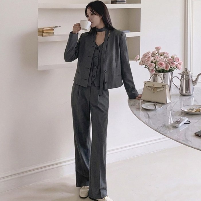 떳다그녀 페일톤 노카라 자켓 슬랙스 스트랩 정장 오피스룩 하객룩 수트 셋업 투피스 핀턱팬츠 세트