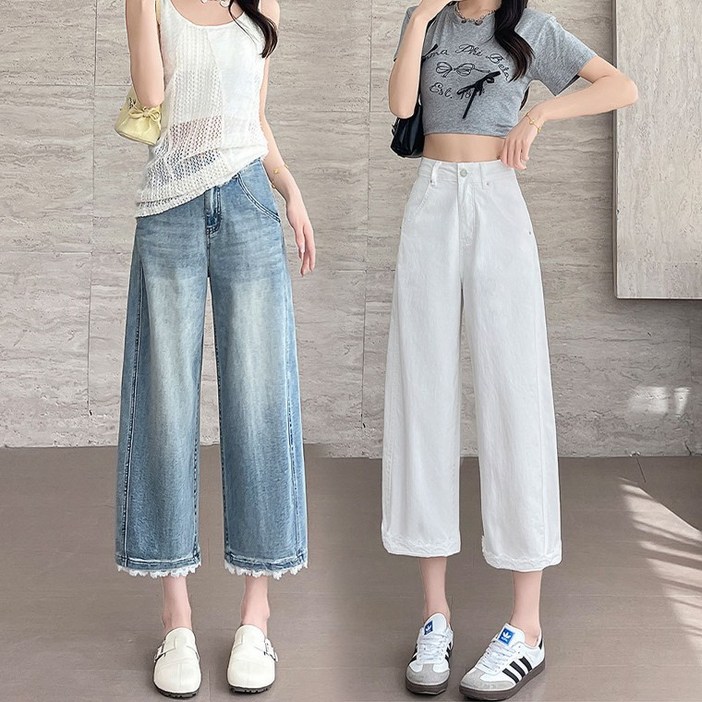723  키작녀 여성7부 8부 청바지 스판데님 밑단레이스 세미와이드 일자핏