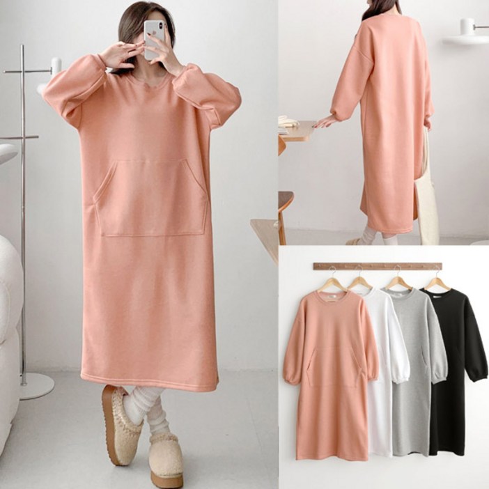 아이우먼 빅사이즈 캥거루 주머니 기모 롱 원피스 퍼프소매 겨울 캐주얼 ops 55110 size 여성큰옷