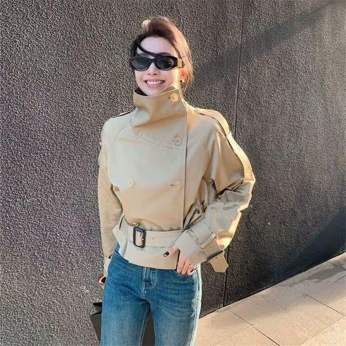 숏트렌치 하이넥 트렌치코트 가을 벨티드 자켓