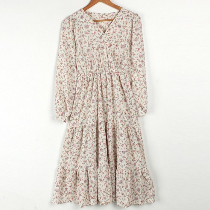 빼빼 여성용 브이넥 밴딩 플라워 퍼프 롱원피스