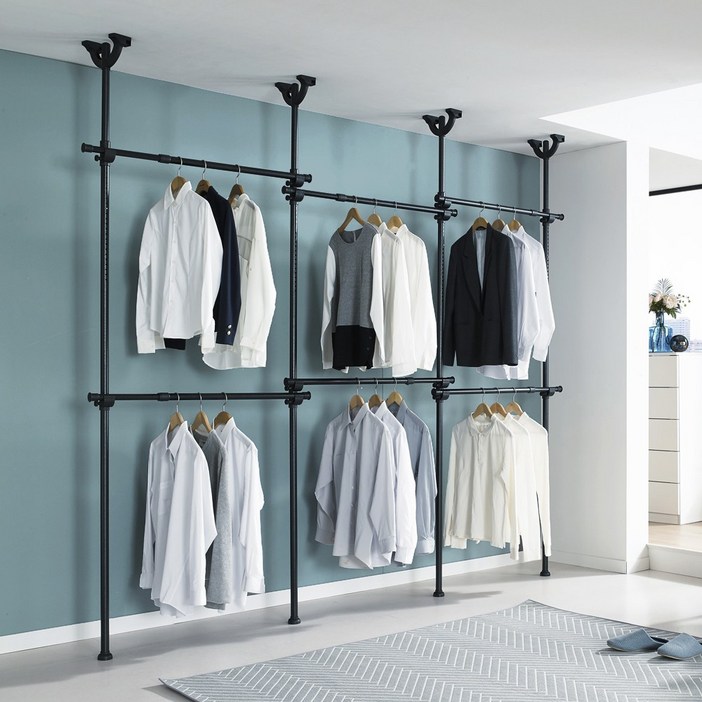 6단 무타공 드레스룸 튼튼한 행거 EOB406 고정식 옷걸이 헹거, 블랙