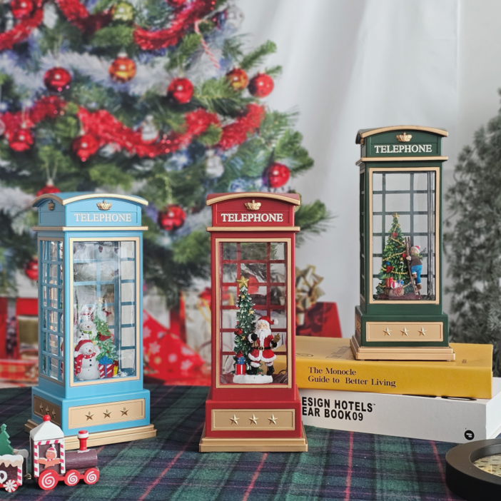 크리스마스 오르골 스노우볼 빈티지 투톤 컬러 공중전화 3종 코스트코 LED 장식, 그린, 1개