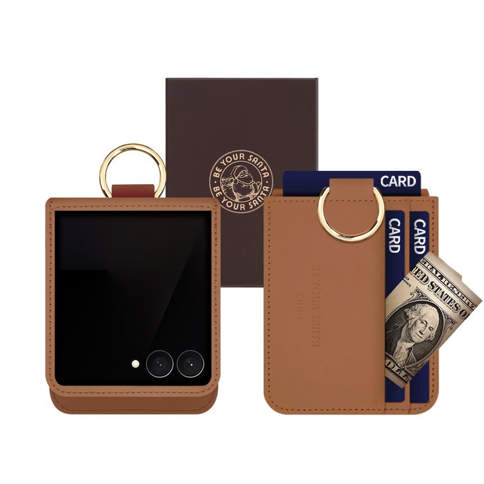 갤럭시 Z플립7 케이스 이태리 천연가죽 힌지보호 카드수납 링 루나, 돌체, 1개, 카멜브라운, 루나 3카드포켓