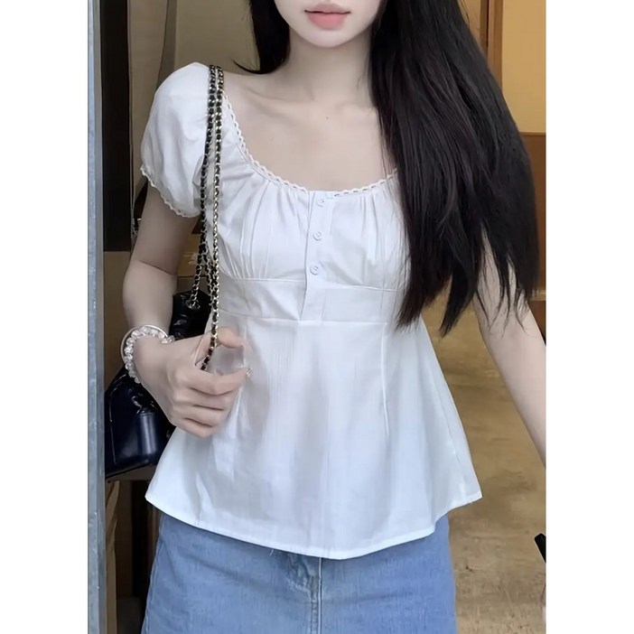 L리뽀 여성용 러플 슬리브 퍼프 블라우스 스퀘어넥 레이스 포인트 슬림핏