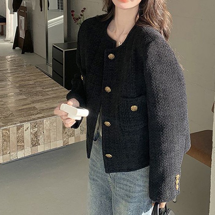 BLACK K7 여성 트위드자켓 숏코트 블랙 하객룩 오피스룩 세련된 아우터