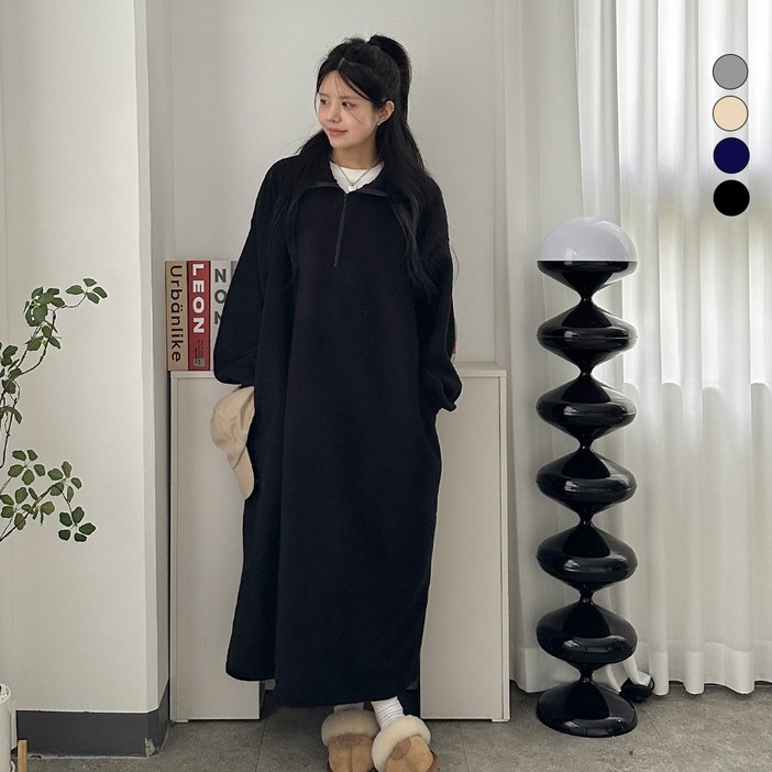 디테일웨어 여성 후리스 반집업 하이넥 빅사이즈 롱원피스 기모 도톰한 임산부 원피스 포켓포함 홈웨어 젊줌마 등원룩