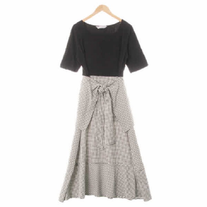 3354 에잇세컨즈 블랙화이트 클래식체크 면혼방 스퀘어넥반소매캉캉맥시원피스 M