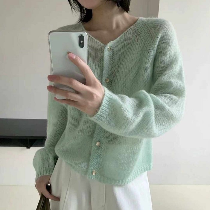 여성 모헤어 브이넥 가디건 루즈핏 포근한 간절기 니트 블랑쉬엘 26봄신상