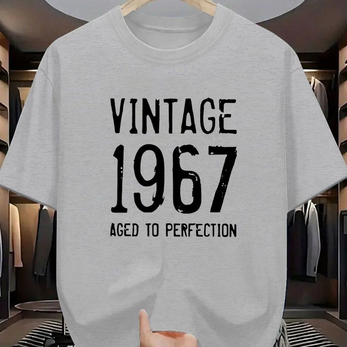 1팩 남성용 빈티지 1967 완성된 그래픽 티셔츠  연회색 라운드넥 반팔  통기성 니트 원단 캐주얼 스트리트웨어 여름 야외 및 일상복 릴랙스핏 셔츠 클래식 리브드 네크라인