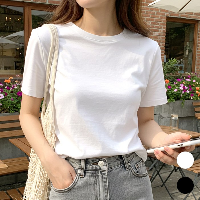 엠제이스타 여성 라운드 무지 반팔티 반소매 티셔츠 여자 흰티 면티 기본 반팔 티