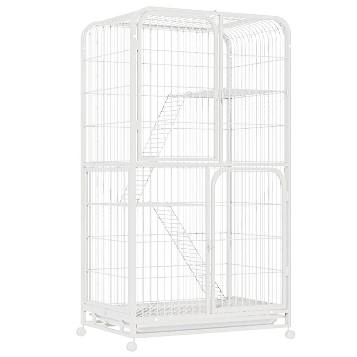 리빙가감법 반려동물 고품질 조립식 4단 고양이 케이지 튼튼한 메탈 간편이동 잠금 가능한 바퀴가 있는 탈출 방지 고양이 철장 이동식 고양이 대형 케이지, 1개, 화이트
