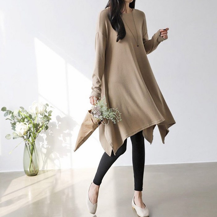 당일출고 쪼꼬마미 훌 A라인 라운드 여성 여자 박시 긴팔 롱 티셔츠