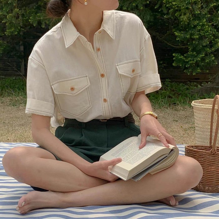 더블공주 투포켓  오버핏 반팔 셔츠