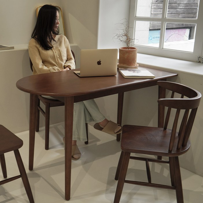 포르보 블랙 천연 원목 반원 반타원형 식탁 테이블 1200, 월넛, 4인용