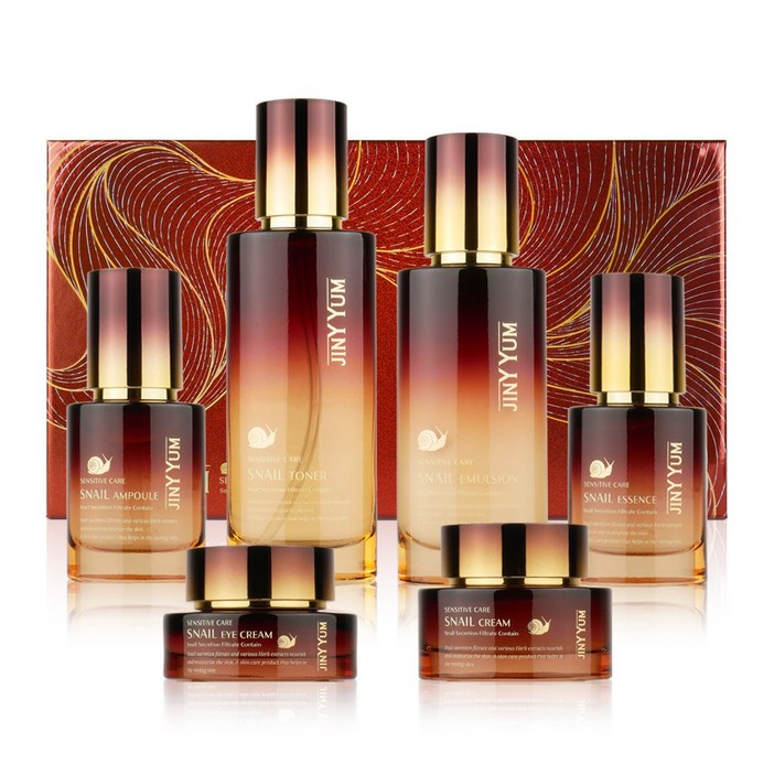 지니윰 센서티브 케어 스네일 스킨로션 세트 6종 민감성 피부 진정 보습 여성을 위한 미백 주름개선 화장품 선물 스킨+로션+앰플+크림+아이크림 구성, 1세트