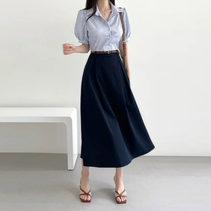 반팔 배색원피스 롱 데일리 아나운서 카라 원피스 결혼식 하객룩 벨트원피스