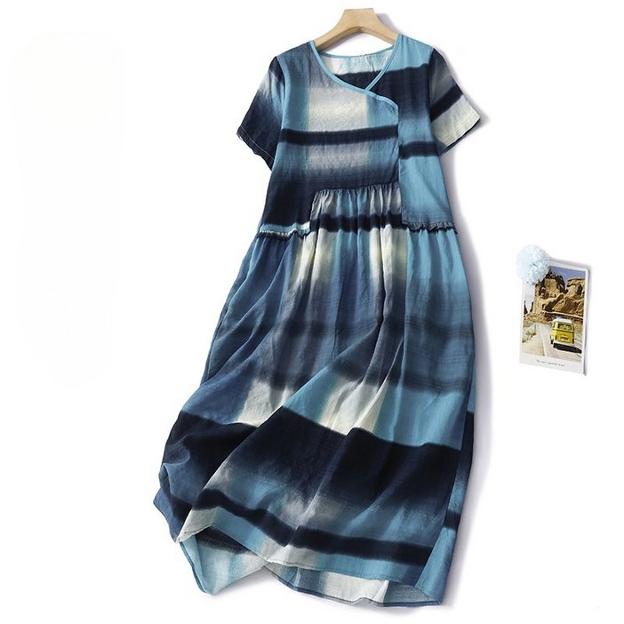 여성 린넨 면 마 체크 패치 반팔 원피스