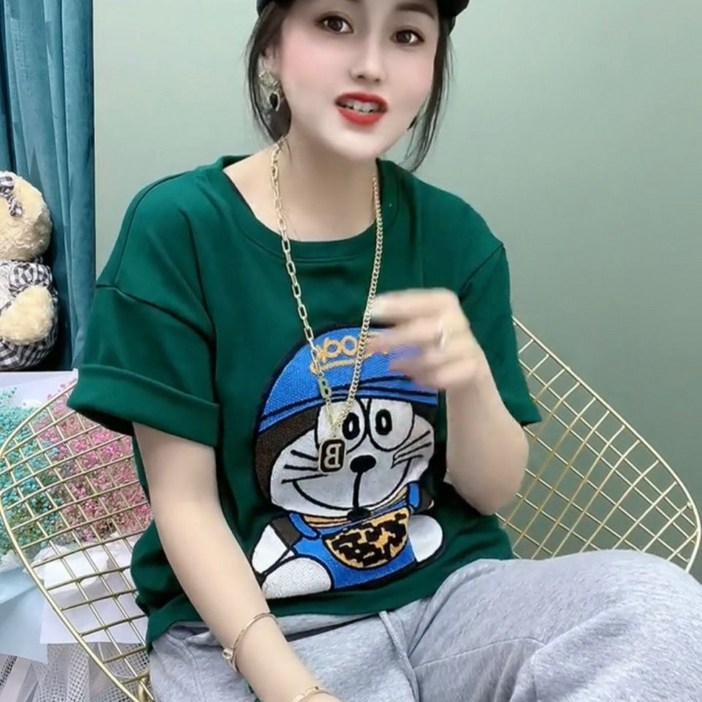 PINK LITCHI여성 여름 도라에몽 반팔 티셔츠 3Q425LTT325DT05