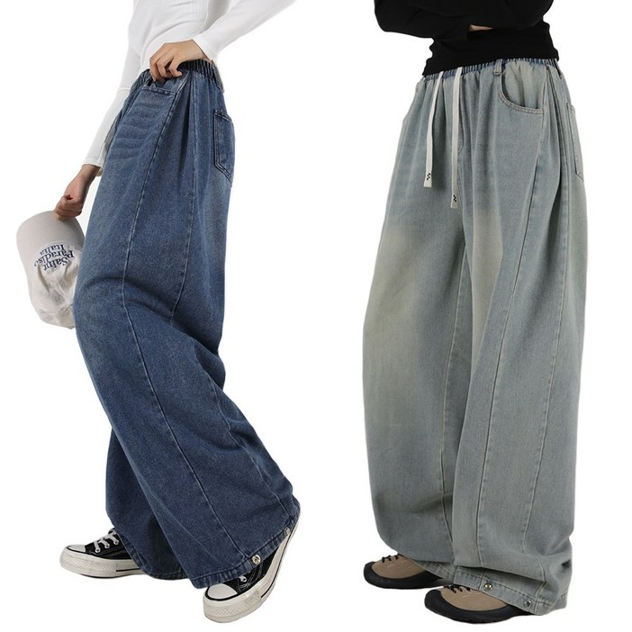 오버나인 여자 여성 데님 밴딩 옆핀턱 와이드 청바지 팬츠