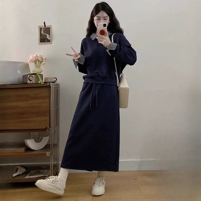 여성 봄 가을 캐주얼 맨투맨 치마 투피스 루즈핏 빅사이즈 롱스커트 세트 데일리룩 오피스룩 투피스