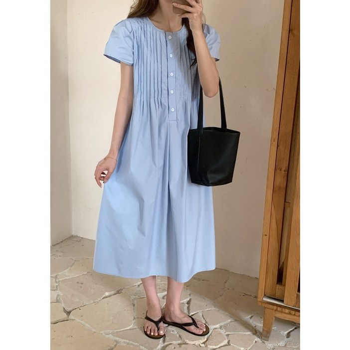 레이디 매직lady magic 여성 프렌치 라운드넥 셔링 셔츠형 반팔 롱 원피스