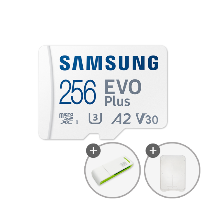 삼성전자 공식인증 정품 마이크로SD카드 EVO PLUS MBMC256SAKR SD카드 케이스 및 이엘 연두 카드 리더기 USB2.0 2in1
