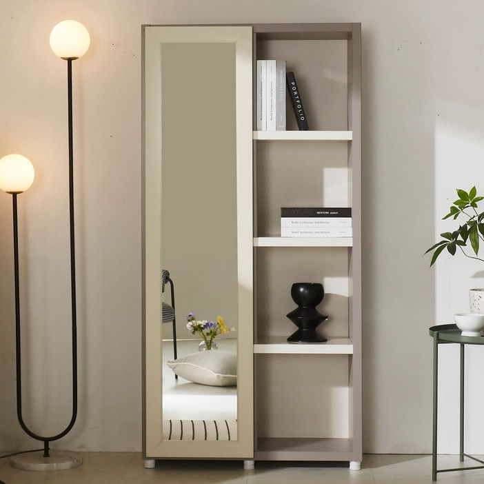 마일드 4단 전신거울 수납 책장 810 다용도 수납장, 그레이화이트