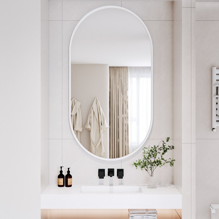 뷰티피크 타원형 벽거울 화장대거울 욕실거울 강화안전유리, 화이트56cm