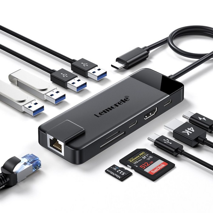 Lemorele 10 in-1 USB C 허브 유형 C 도킹 스테이션 RJ45 PD 100W 어댑터 USB 3.0 허브, 검정, 10개