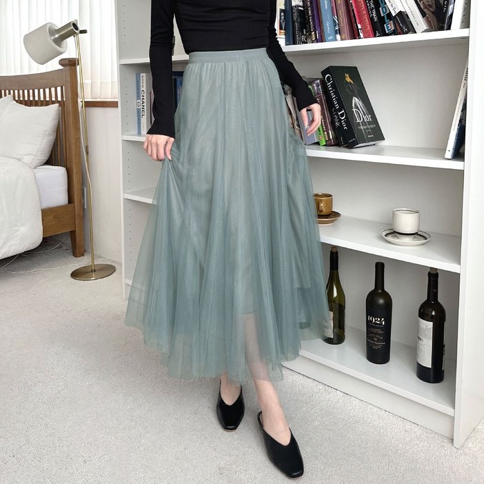 디어로라 플레어 밴딩 쉬폰 롱 스커트 RVSK004