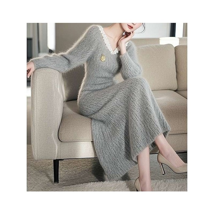 미중 여성 추동 뉴 예쁜 두꺼운 바탕 니트 롱 배색 브이넥 부드러운 원피스 cy