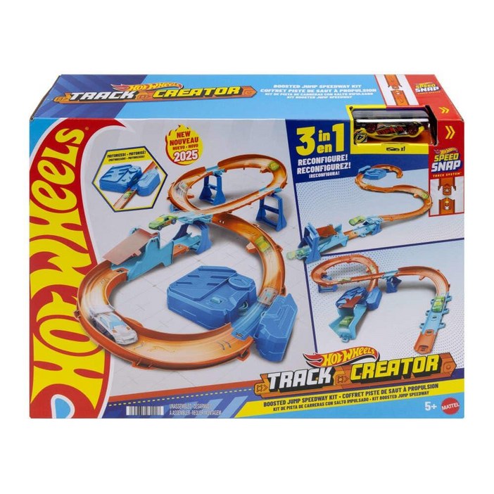 Hot Wheels 장난감 자동차 트랙 세트, 전동 부스터가 있는 디럭스 빌딩 박스, 164 스케일 차량, 스피드 스냅 트랙, 부스트 점프 스피드웨이