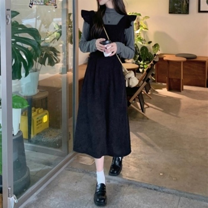 여성 코듀로이 뷔스티에 원피스 / 프릴 스트링 A라인 레이어드 원피스