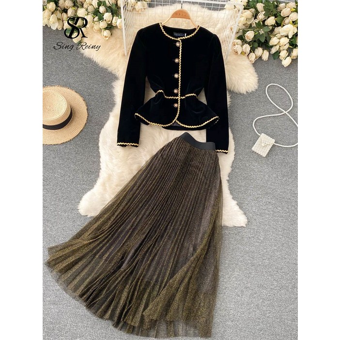 SINGREINY 여성용 빈티지 가을 수트 숏 겉옷 메쉬 플리츠 롱 스커트 겨울 벨벳 슬림 투피스 세트