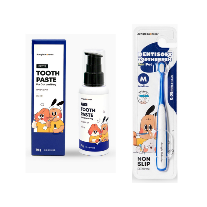 정글몬스터 냥치멍치 바르는치약  초극세사모 덴티소프트 칫솔M 세트