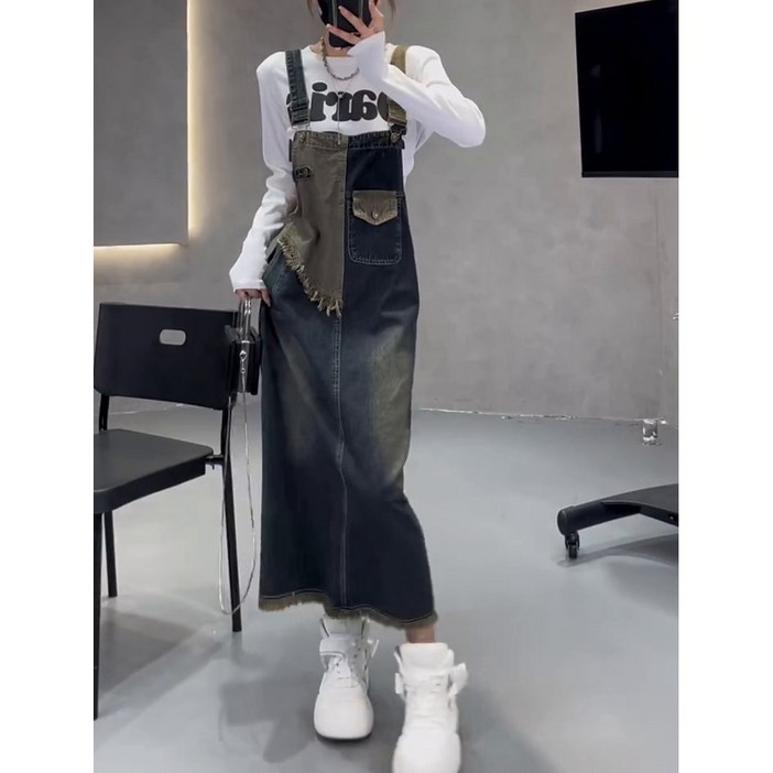 seven7 빅사이즈 빈티지 데님 멜빵 스커트 여 봄여름가을 트임 롱스커트 여