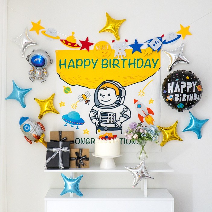 GAM 스페이스 우주소년 생일파티용품 세트 생일현수막 가랜드 호일풍선 전부 다 드리는 구성, 우주소년 생일파티