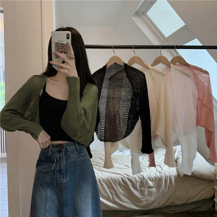 여름 여성 그물 가오리 볼레로 원피스 가디건 사계절 출근 베이직 숏