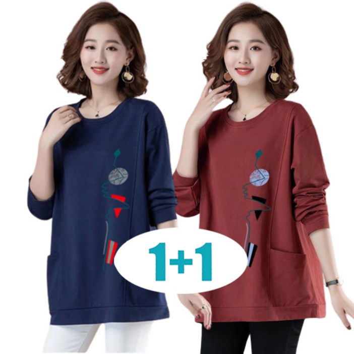 꽃소담 1+1 중년여성 긴팔 면티 루즈핏 엄마 티셔츠 QQJ376