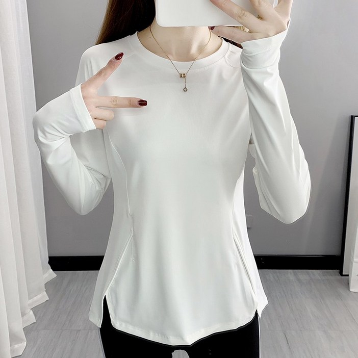 쌍천  빅 사이즈 라운드 속건 긴팔 티셔츠 여 춘추 스판 통기성 땀 흡수 러닝 피트니스 운동 속건 저지 W25092809