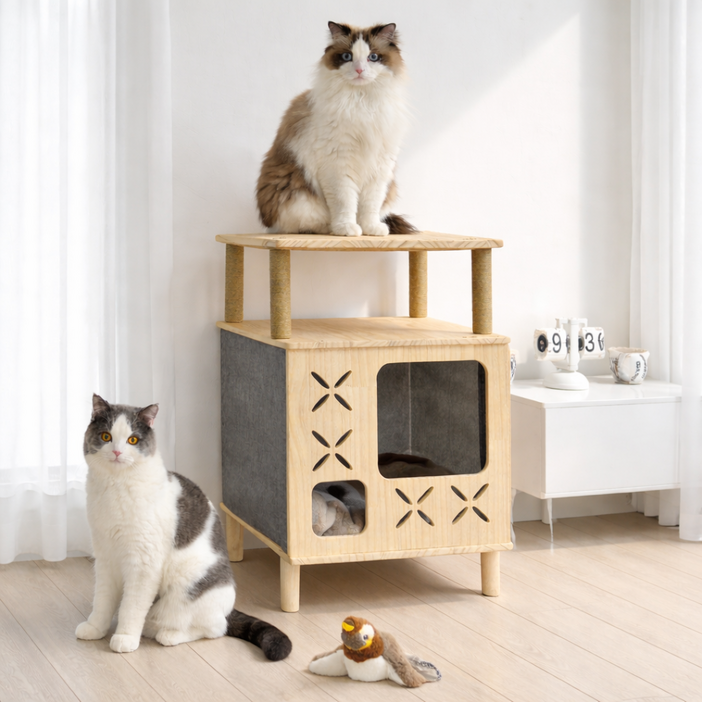 MAAH 2단 원목 고양이 숨숨집 하우스 캣타워, 1개, 우드