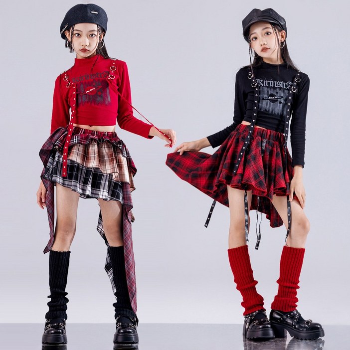 메이징키즈 주니어 여아 체인 힙합 스트릿 크롭 카고 체크 치마 댄스복