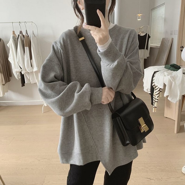 Asure 여성 맨투맨 불규칙 루즈핏 롱슬리브 상의