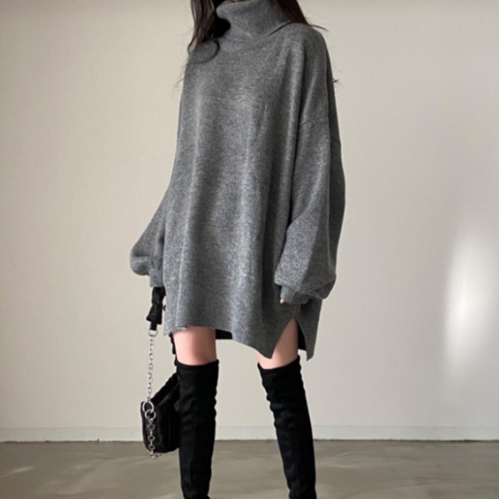 로엘란 여성 여리핏 박시 롱 목폴라 니트 원피스