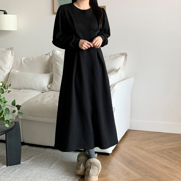 더한땀 여성 빅사이즈 퍼프 핀턱 기모 겨울 롱 원피스