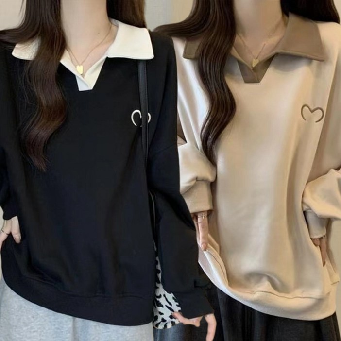 오스틱니완전 편한 100kg까지 빅사이즈 11 여성 봄가을 초특가 날씬해 보이는 셔츠 넥 디자인 감각 외출용 간절기 긴팔 맨투맨