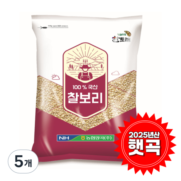 농협 하나로마트 농협양곡 한토래 찰보리쌀 국산 2025년산, 5개, 1kg